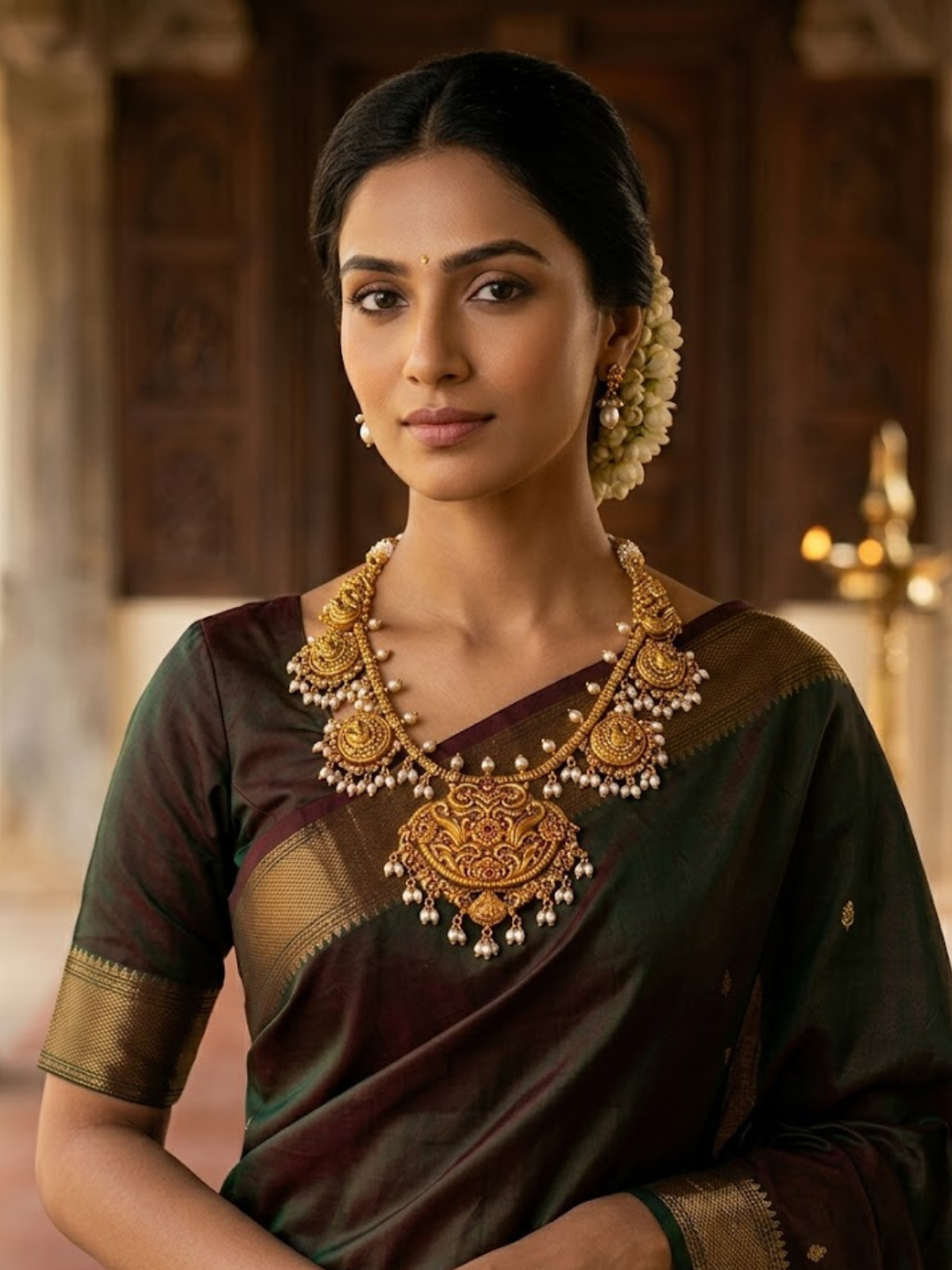 Royal Antique Temple Gold Necklace with Pearl Drops – Heritage Bridal Jewellery